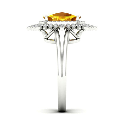 Cushion-Cut Citrine and White Topaz Frame Split Shank Sunflower Ring in Solid 10K White Gold