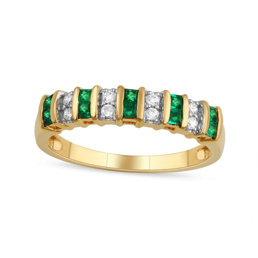 Princess-Cut Emerald and 0.10 CT. T.W. Natural Diamond Alternating Duos Ring in Solid 10K Yellow Gold