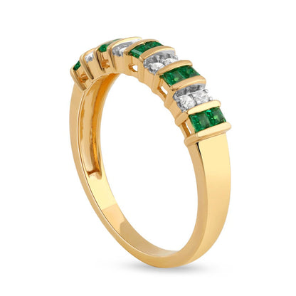 Princess-Cut Emerald and 0.10 CT. T.W. Natural Diamond Alternating Duos Ring in Solid 10K Yellow Gold