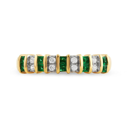 Princess-Cut Emerald and 0.10 CT. T.W. Natural Diamond Alternating Duos Ring in Solid 10K Yellow Gold
