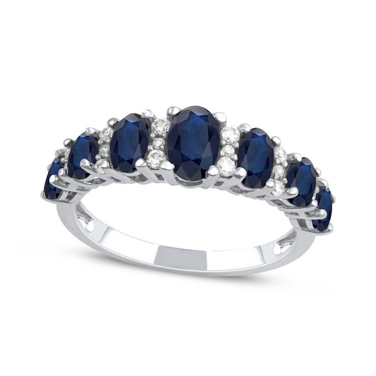 Oval Blue Sapphire and 0.17 CT. T.W. Natural Diamond Graduated Seven Stone Alternating Trios Ring in Solid 10K White Gold