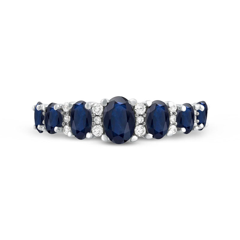 Oval Blue Sapphire and 0.17 CT. T.W. Natural Diamond Graduated Seven Stone Alternating Trios Ring in Solid 10K White Gold