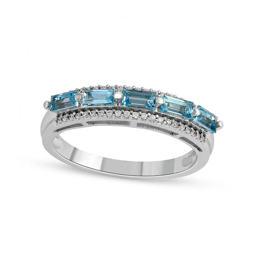 Sideways Baguette Swiss Blue Topaz and 0.13 CT. T.W. Natural Diamond Border Five Stone Triple Row Ring in Solid 10K White Gold