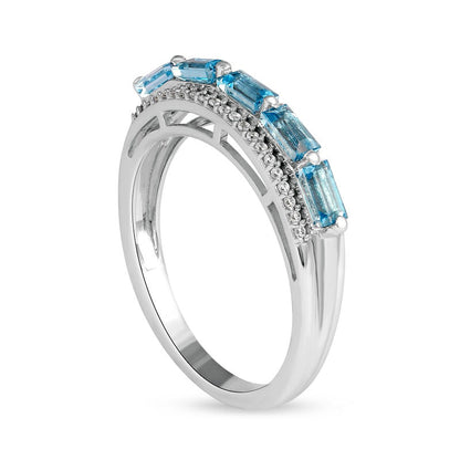 Sideways Baguette Swiss Blue Topaz and 0.13 CT. T.W. Natural Diamond Border Five Stone Triple Row Ring in Solid 10K White Gold