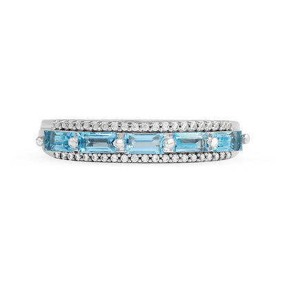 Sideways Baguette Swiss Blue Topaz and 0.13 CT. T.W. Natural Diamond Border Five Stone Triple Row Ring in Solid 10K White Gold