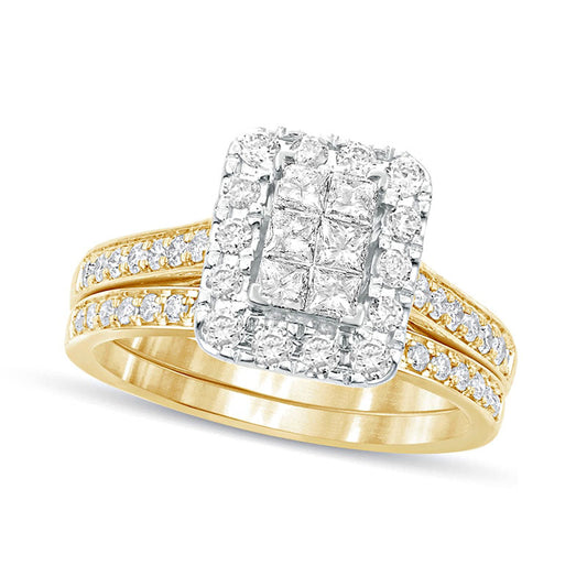 1.0 CT. T.W. Princess-Cut Composite Natural Diamond Rectangle Frame Bridal Engagement Ring Set in Solid 10K Yellow Gold