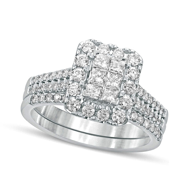 1.0 CT. T.W. Princess-Cut Composite Natural Diamond Rectangle Frame Bridal Engagement Ring Set in Solid 10K White Gold