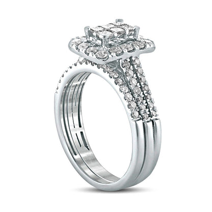 1.0 CT. T.W. Princess-Cut Composite Natural Diamond Rectangle Frame Bridal Engagement Ring Set in Solid 10K White Gold