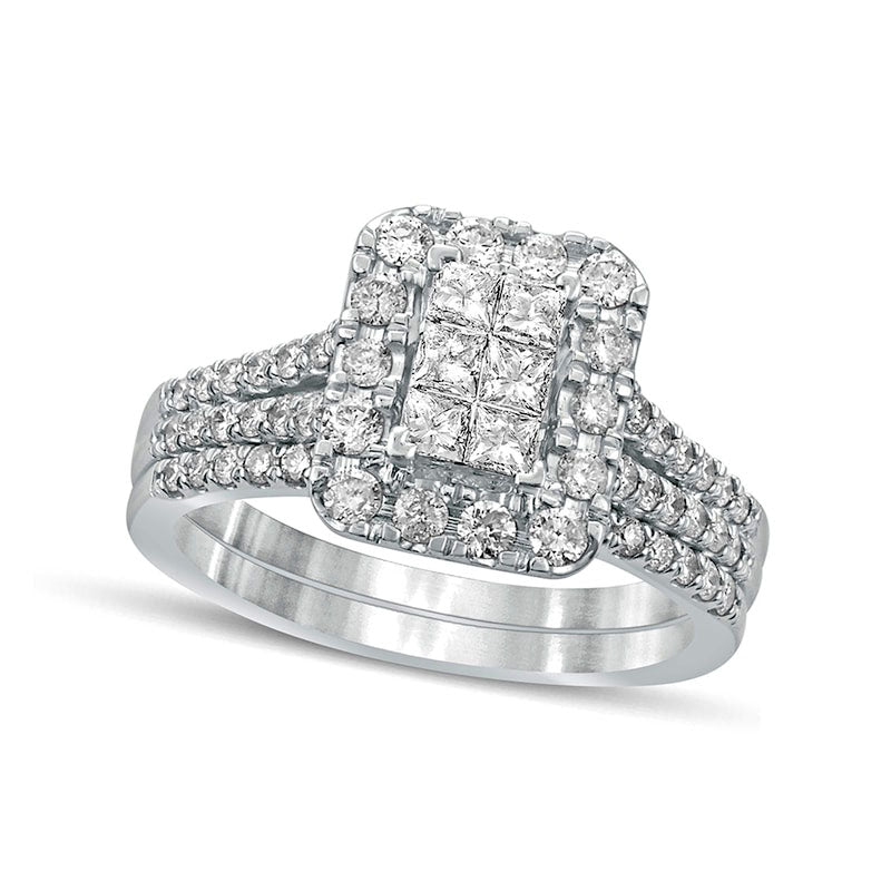 1.0 CT. T.W. Princess-Cut Composite Natural Diamond Rectangle Frame Split Shank Bridal Engagement Ring Set in Solid 10K White Gold