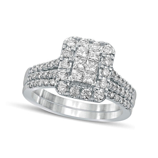 1.0 CT. T.W. Princess-Cut Composite Natural Diamond Rectangle Frame Split Shank Bridal Engagement Ring Set in Solid 10K White Gold