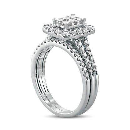 1.0 CT. T.W. Princess-Cut Composite Natural Diamond Rectangle Frame Split Shank Bridal Engagement Ring Set in Solid 10K White Gold