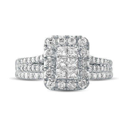 1.0 CT. T.W. Princess-Cut Composite Natural Diamond Rectangle Frame Split Shank Bridal Engagement Ring Set in Solid 10K White Gold