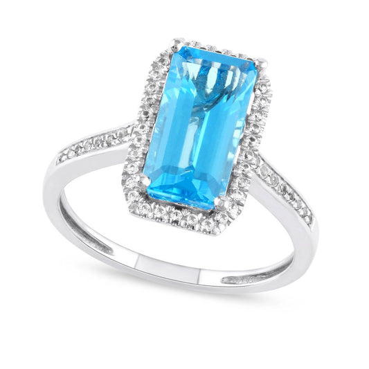 Elongated Octagonal Swiss Blue Topaz and White Lab-Created Sapphire Frame Ring in Sterling Silver