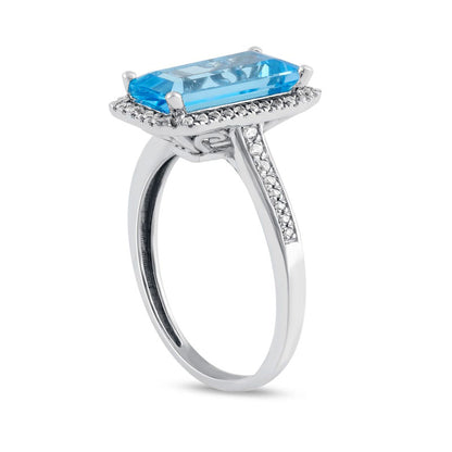Elongated Octagonal Swiss Blue Topaz and White Lab-Created Sapphire Frame Ring in Sterling Silver