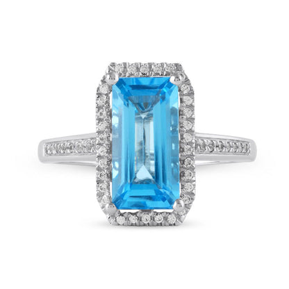 Elongated Octagonal Swiss Blue Topaz and White Lab-Created Sapphire Frame Ring in Sterling Silver