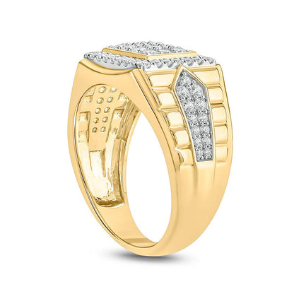 Men's 1.0 CT. T.W. Composite Natural Diamond Frame Rectangle-Top Pointed Double Row Ribbed Shank Ring in Solid 10K Yellow Gold
