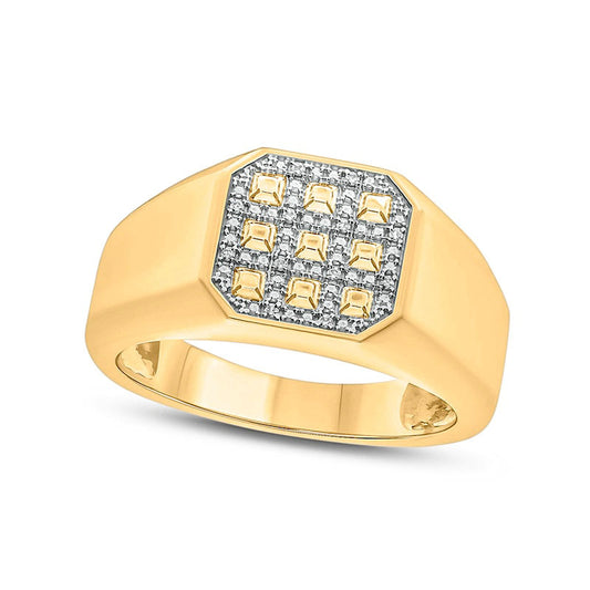 Men's Natural Diamond Accent Grid Pattern Octagonal Signet Ring in Sterling Silver with Solid 14K Gold Plate