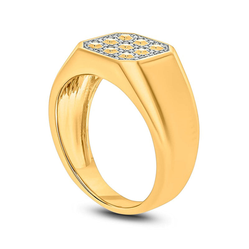 Men's Natural Diamond Accent Grid Pattern Octagonal Signet Ring in Sterling Silver with Solid 14K Gold Plate