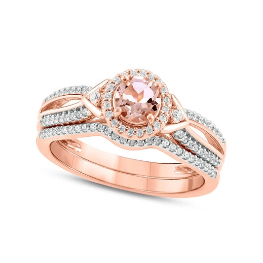 5.0mm Morganite and 0.25 CT. T.W. Natural Diamond Frame Chevron-Sides Split Shank Bridal Engagement Ring Set in Solid 10K Rose Gold