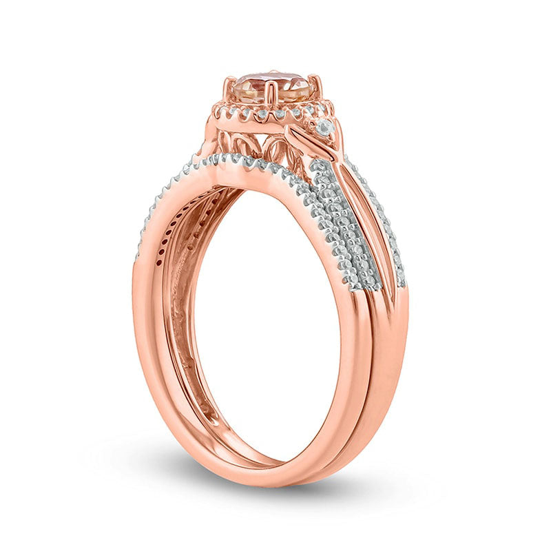5.0mm Morganite and 0.25 CT. T.W. Natural Diamond Frame Chevron-Sides Split Shank Bridal Engagement Ring Set in Solid 10K Rose Gold