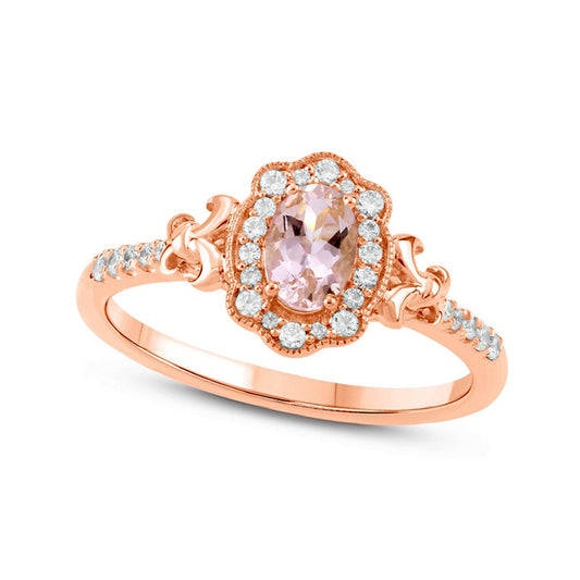 Oval Morganite and 0.13 CT. T.W. Natural Diamond Frame Fleur-de-Lis Side Accent Antique Vintage-Style Ring in Solid 10K Rose Gold