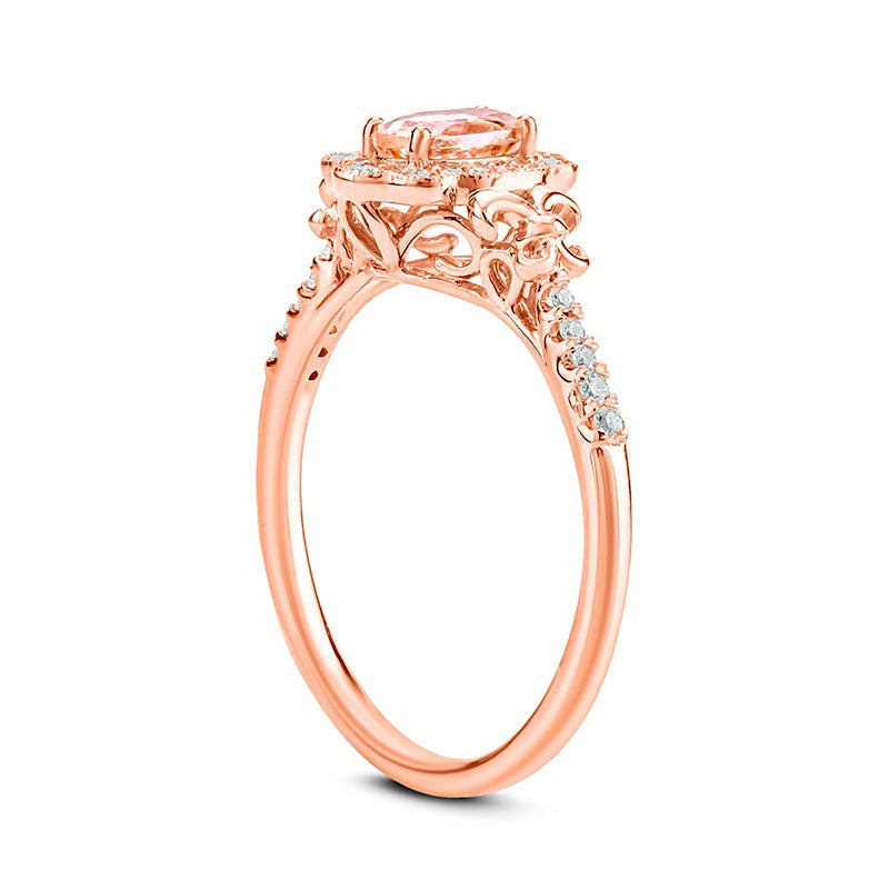 Oval Morganite and 0.13 CT. T.W. Natural Diamond Frame Fleur-de-Lis Side Accent Antique Vintage-Style Ring in Solid 10K Rose Gold