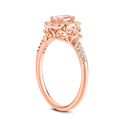 Oval Morganite and 0.13 CT. T.W. Natural Diamond Frame Fleur-de-Lis Side Accent Antique Vintage-Style Ring in Solid 10K Rose Gold