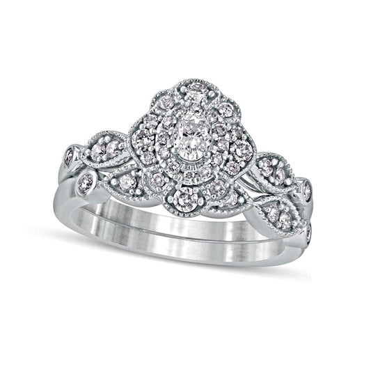 0.63 CT. T.W. Oval Natural Diamond Double Petal Frame Antique Vintage-Style Bridal Engagement Ring Set in Solid 10K White Gold