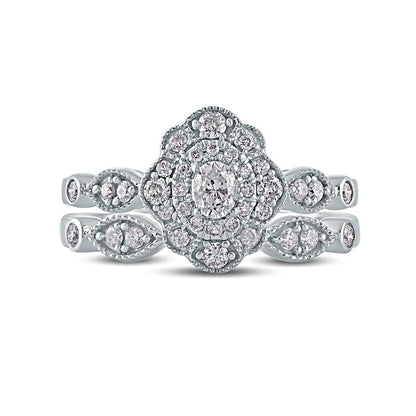 0.63 CT. T.W. Oval Natural Diamond Double Petal Frame Antique Vintage-Style Bridal Engagement Ring Set in Solid 10K White Gold