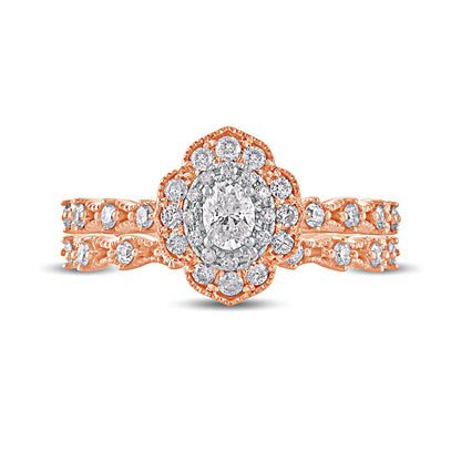 0.63 CT. T.W. Oval Natural Diamond Frame Antique Vintage-Style Bridal Engagement Ring Set in Solid 10K Rose Gold