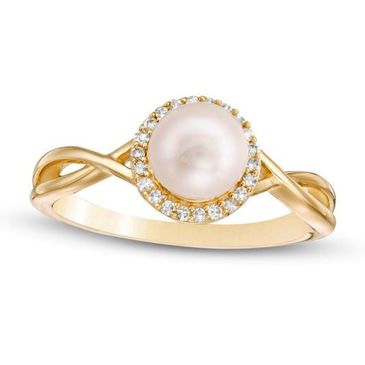 6.0mm Cultured Freshwater Pearl and 0.10 CT. T.W. Natural Diamond Frame Twist Shank Ring in Solid 10K Yellow Gold