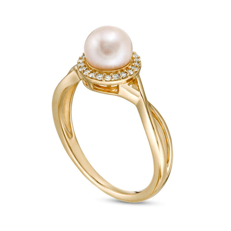 6.0mm Cultured Freshwater Pearl and 0.10 CT. T.W. Natural Diamond Frame Twist Shank Ring in Solid 10K Yellow Gold
