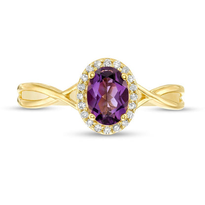 Oval Amethyst and 0.07 CT. T.W. Natural Diamond Frame Twist Shank Ring in Solid 10K Yellow Gold
