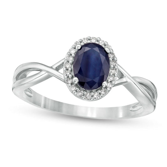 Oval Blue Sapphire and 0.07 CT. T.W. Natural Diamond Frame Twist Shank Ring in Solid 10K White Gold