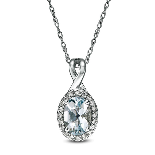 Oval Aquamarine and 0.07 CT. T.W. Natural Diamond Frame Pendant in 10K White Gold