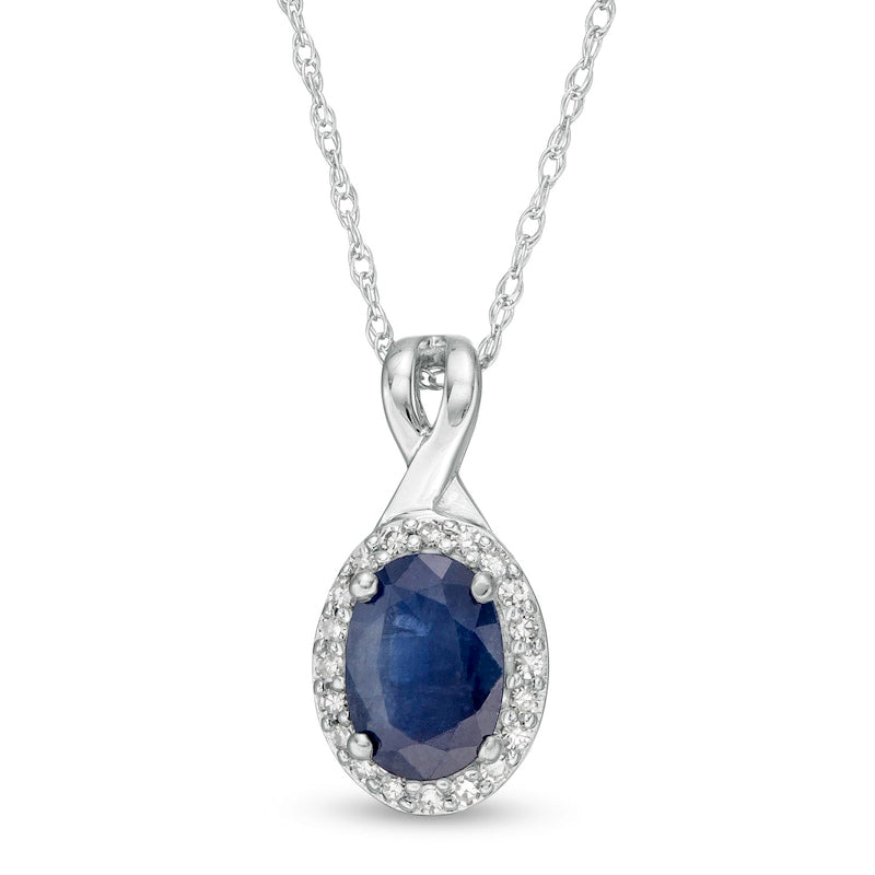 Oval Blue Sapphire and 0.07 CT. T.W. Natural Diamond Frame Pendant in 10K White Gold