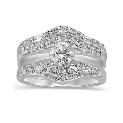 1.0 CT. T.W. Baguette and Round Natural Clarity Enhanced Diamond Double Crown Solitaire Enhancer in Solid 14K White Gold