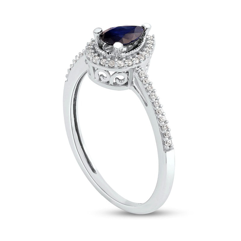 Pear-Shaped Blue Sapphire and 0.10 CT. T.W. Natural Diamond Frame Antique Vintage-Style Ring in Solid 10K White Gold