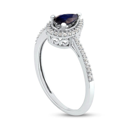 Pear-Shaped Blue Sapphire and 0.10 CT. T.W. Natural Diamond Frame Antique Vintage-Style Ring in Solid 10K White Gold