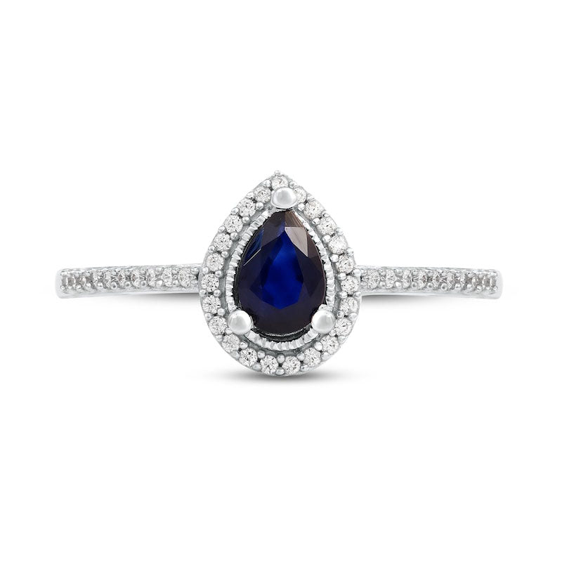 Pear-Shaped Blue Sapphire and 0.10 CT. T.W. Natural Diamond Frame Antique Vintage-Style Ring in Solid 10K White Gold