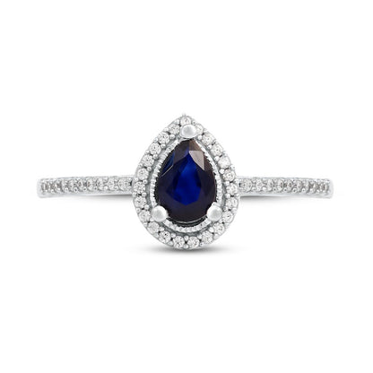 Pear-Shaped Blue Sapphire and 0.10 CT. T.W. Natural Diamond Frame Antique Vintage-Style Ring in Solid 10K White Gold