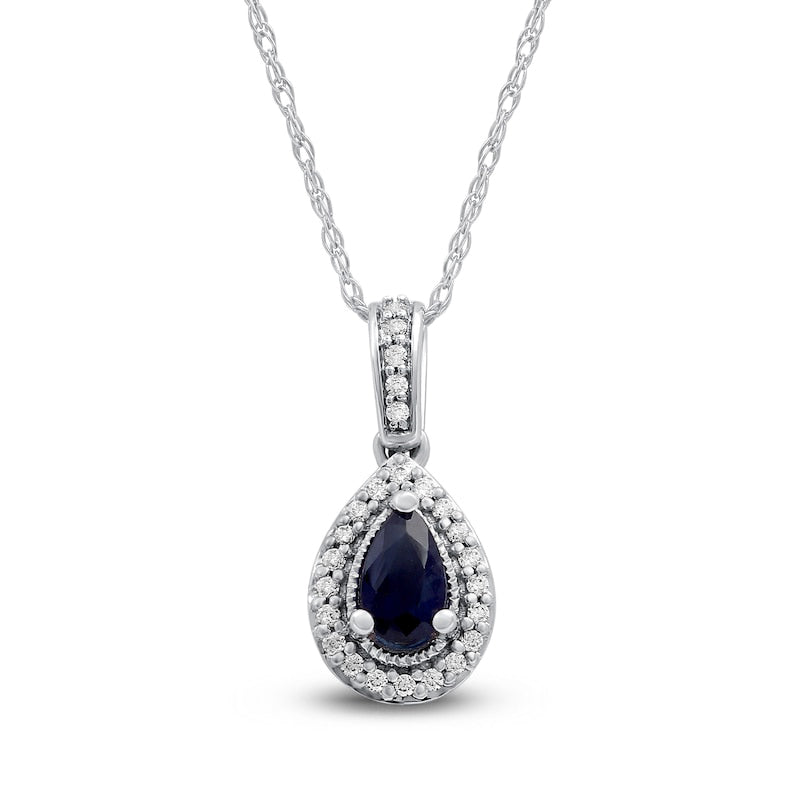 Pear-Shaped Blue Sapphire and 0.05 CT. T.W. Natural Diamond Frame Antique Vintage-Style Drop Pendant in 10K White Gold
