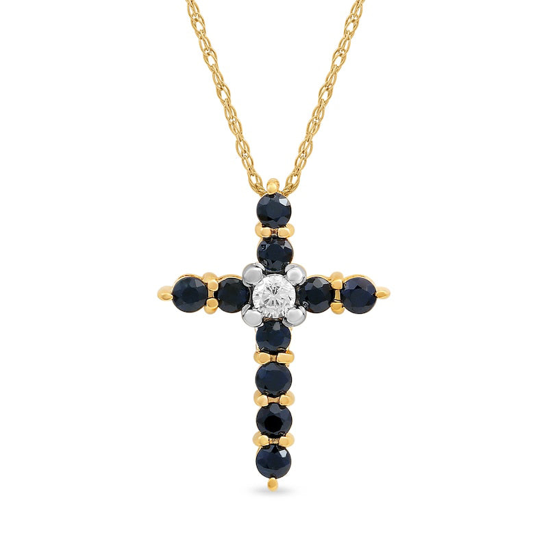 Blue Sapphire and 0.05 CT. Natural Diamond Cross Pendant in 10K Yellow Gold