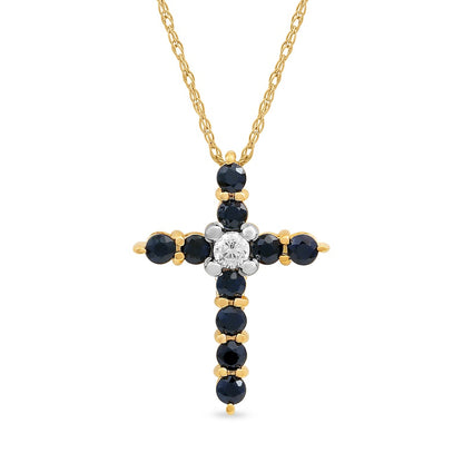 Blue Sapphire and 0.05 CT. Natural Diamond Cross Pendant in 10K Yellow Gold
