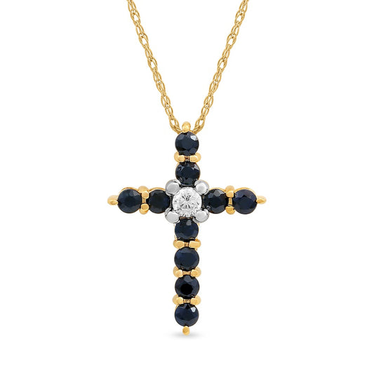 Blue Sapphire and 0.05 CT. Natural Diamond Cross Pendant in 10K Yellow Gold