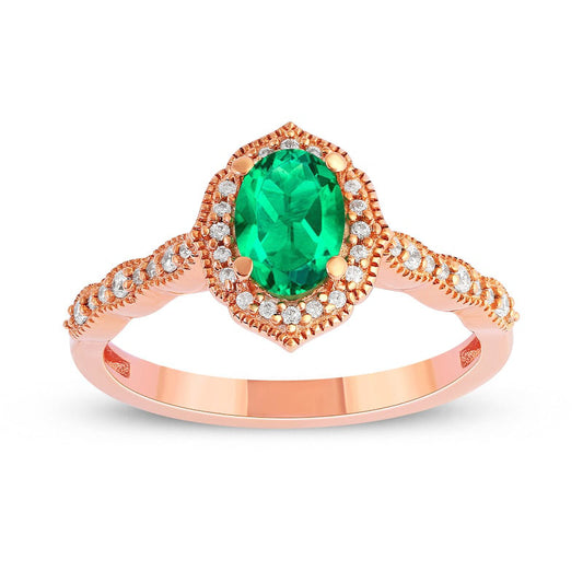 Oval Emerald and 0.17 CT. T.W. Natural Diamond Quatrefoil Frame Antique Vintage-Style Ring in Solid 10K Rose Gold