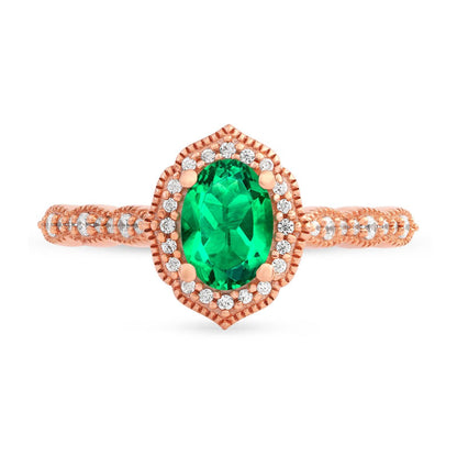 Oval Emerald and 0.17 CT. T.W. Natural Diamond Quatrefoil Frame Antique Vintage-Style Ring in Solid 10K Rose Gold