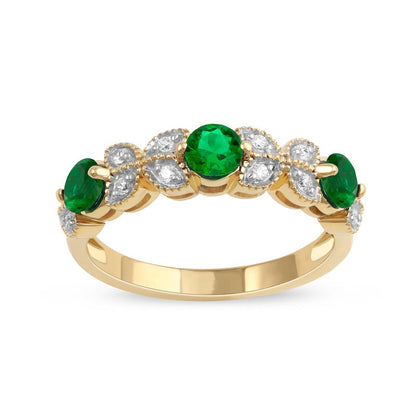 4.0mm Emerald and 0.10 CT. T.W. Natural Diamond Leaf Accents Antique Vintage-Style Three Stone Ring in Solid 10K Yellow Gold