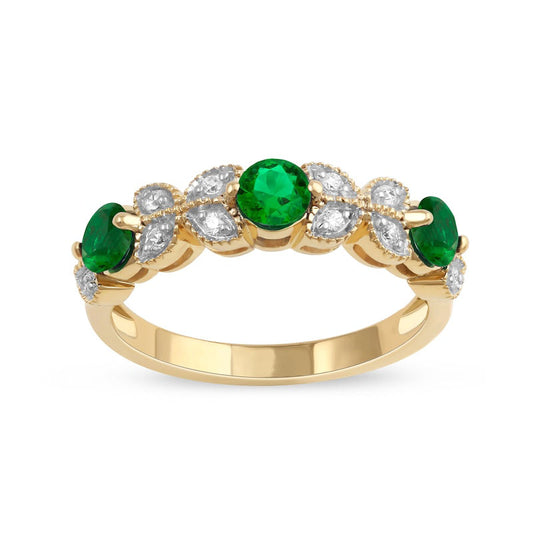 4.0mm Emerald and 0.10 CT. T.W. Natural Diamond Leaf Accents Antique Vintage-Style Three Stone Ring in Solid 10K Yellow Gold