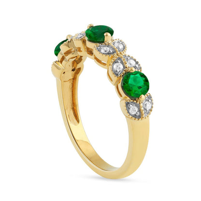4.0mm Emerald and 0.10 CT. T.W. Natural Diamond Leaf Accents Antique Vintage-Style Three Stone Ring in Solid 10K Yellow Gold